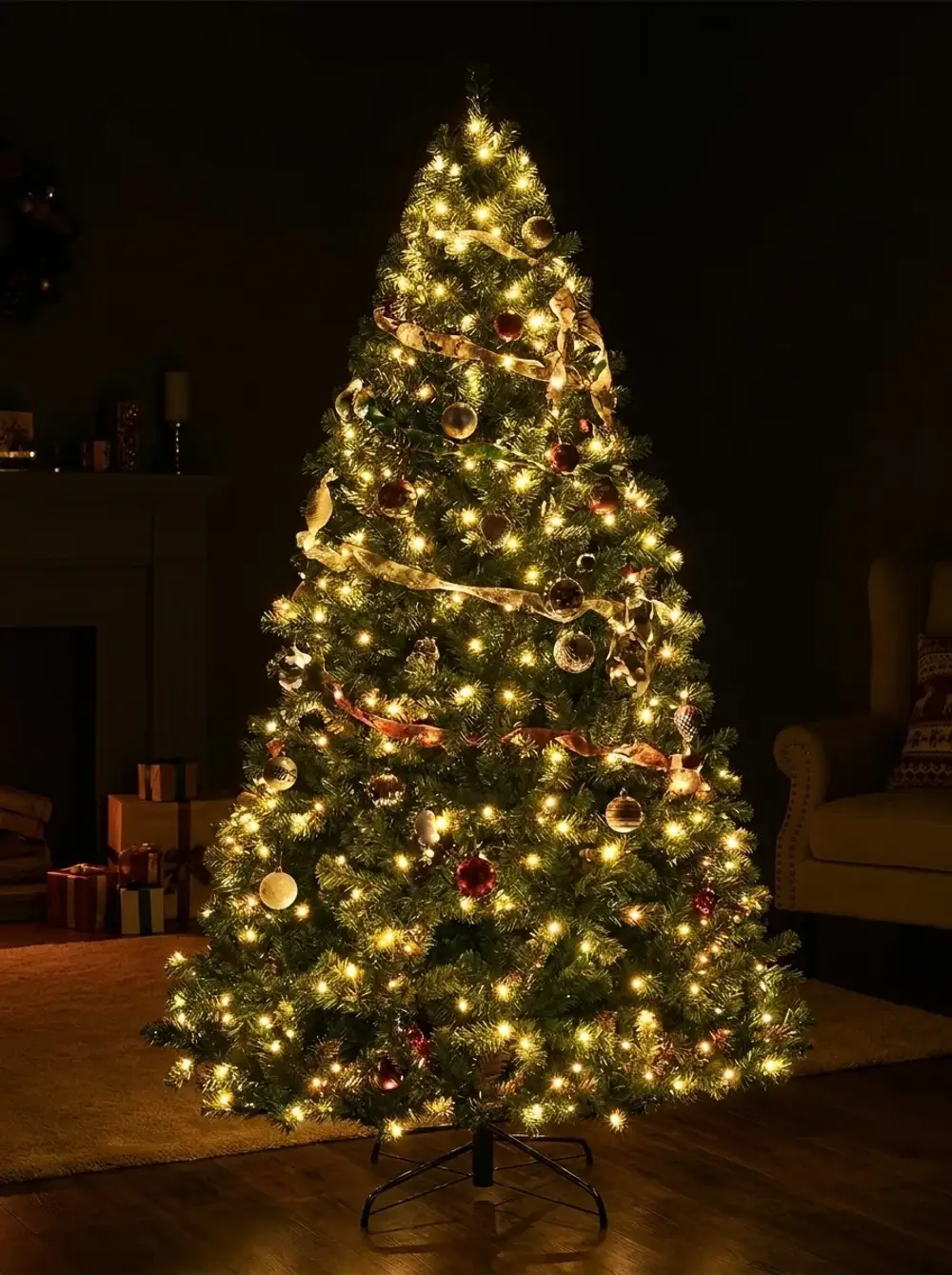 Işıklı yılbaşı ağacı karanlık salonda, 300 LED yanarken